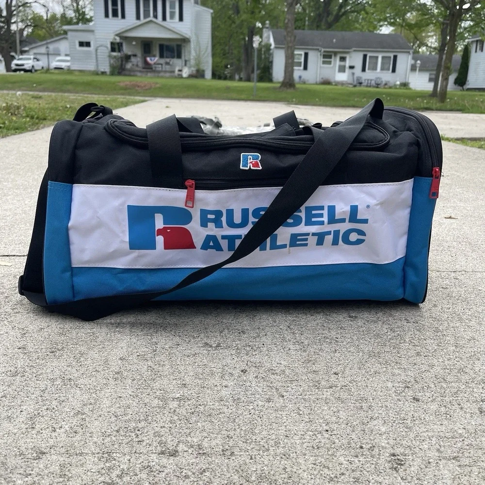 Russell Athletic Duffle Bag Used Black Blue White Gym Travel Shoulder Strap
